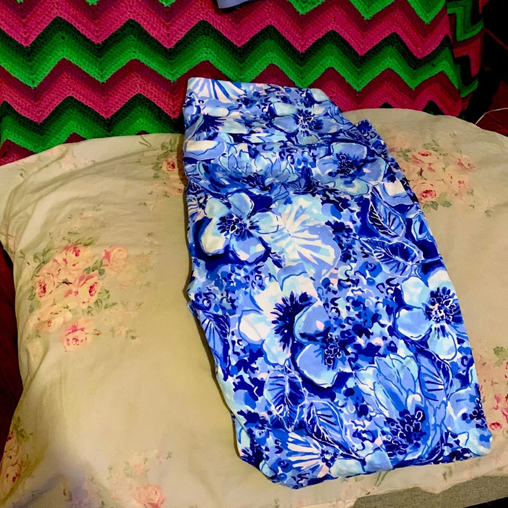 Some floral pants blue with flowers and a little bit of pink